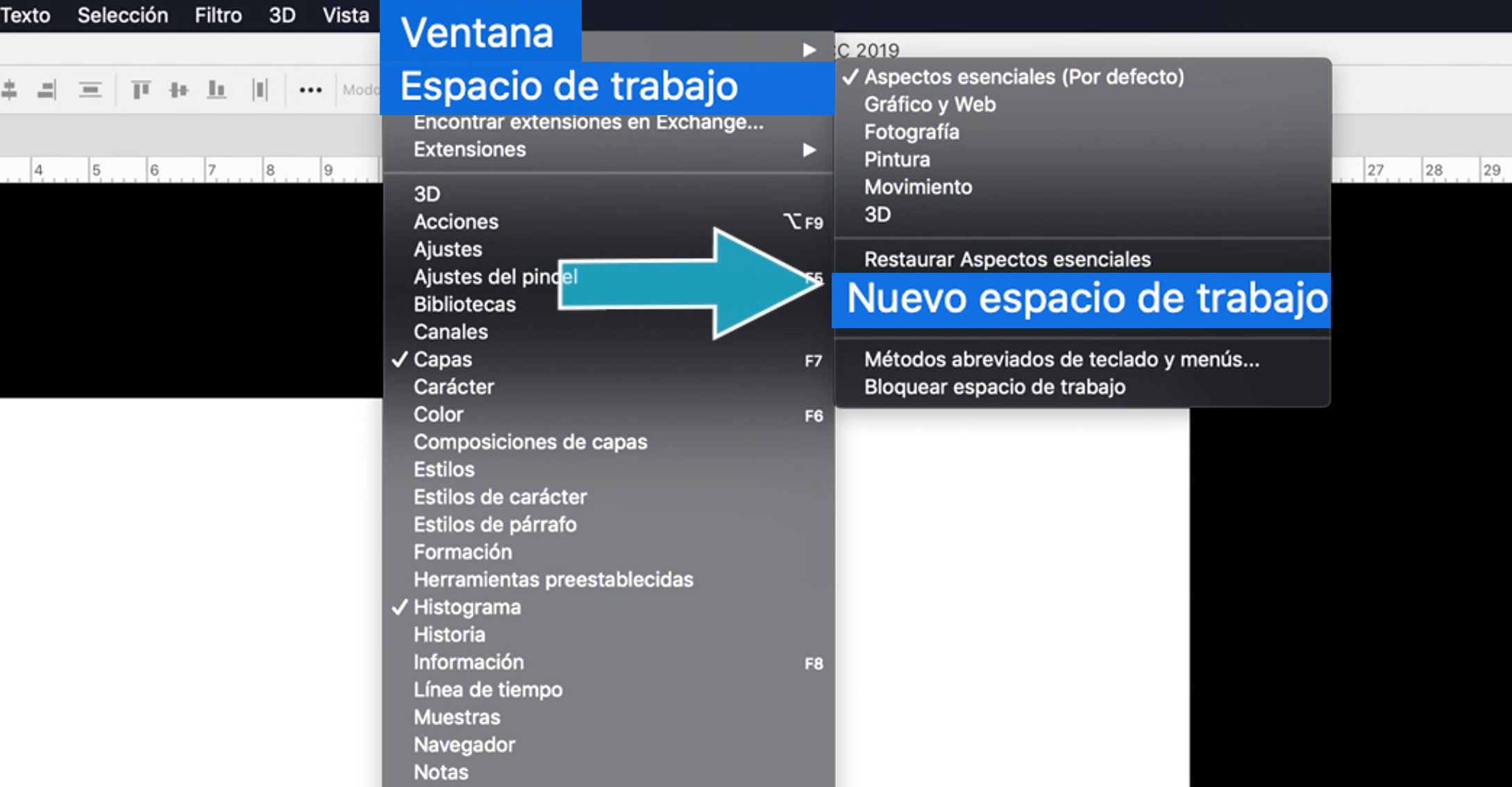 Haz clic en la opción Ventana y, en el menú que aparece, elige Espacio de trabajo.